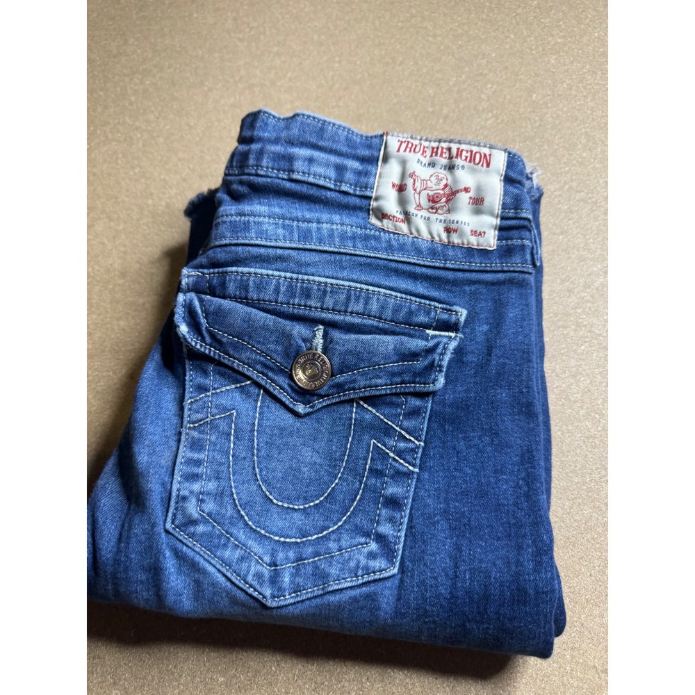 True Religion Joey Mid Rise Flare Jeans Blue Raw Hem Size 28